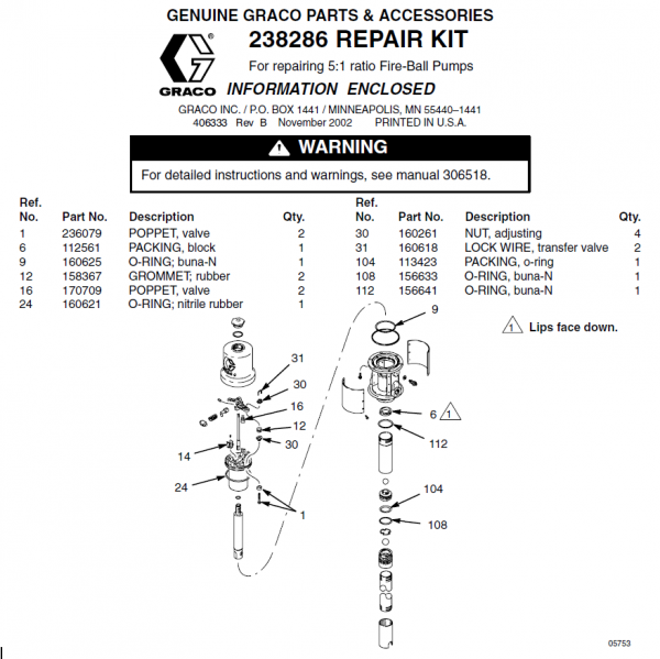 238286 Repair Kit for Graco Fireball 300 51 Pump 203876 ⋆